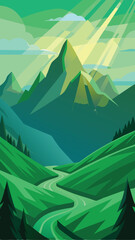 Vibrant green landscape vector illustration featuring mountains and river with sun beams