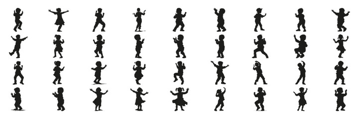 Children Dancing Silhouette Set. Playful Movement And Joyful Expression Symbol Collection. Educational And Recreational Use. Isolated Vector Illustration