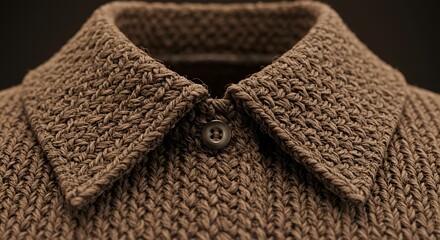Close-up of a Brown Knitted Shirt Collar with a Single Button