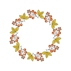 Leaves, berries. Autumn set. Round frame, banner with space for text. Leaf fall, doodles, drawings, sketch. Natural botanical background.