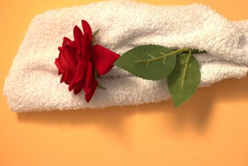 Red rose flat lay with towel and spa accessories on orange background”
“Wedding ring and...