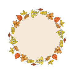 Leaves. Autumn set. Round frame, banner with space for text. Leaf fall, doodles, drawings, sketch. Natural botanical background.