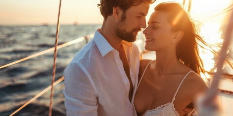 Beautiful couple wearing white clothes sailing on luxury yacht on summer evening. Man and woman in love enjoying themselves on a boat.