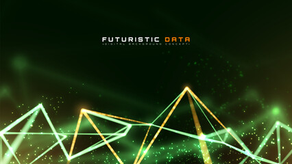 Futuristic Green Background with Glowing Golden Polygon Lines, Dynamic Triangle Wireframe Chart, Sci-Fi Data Visualization Banner, Luxury Trading Analysis Backdrop.