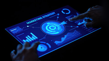 Digital Marketing Strategy on a Futuristic Touchscreen Interface Displaying Data Analytics and Target Audience Insights for Business Growth and Online Success in a High Tech Environment