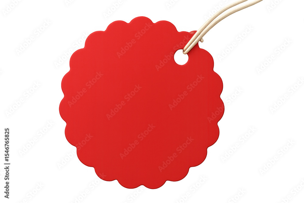 Poster red round label with scalloped edge hanging on white string on transparent background, ideal for sal
