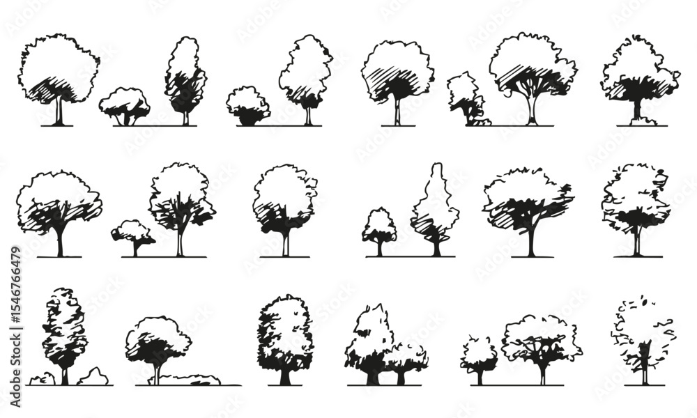 Poster diverse tree sketches collection. landscape design and architectural planning elements. isolated vec