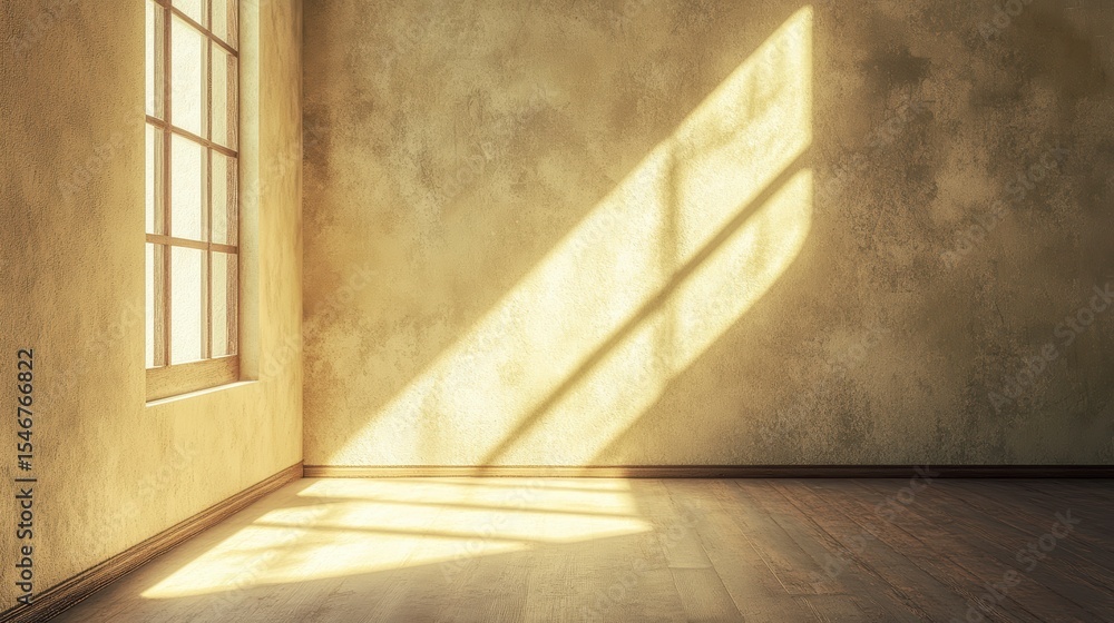 Poster Sunlight streams into an empty room with textured walls and hardwood floors.