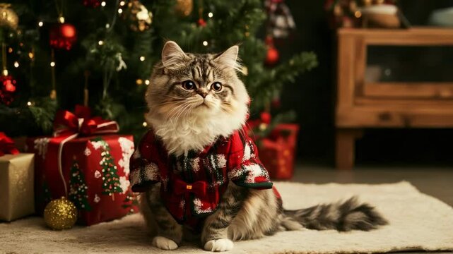 Festive cat wearing sweater beside decorated Christmas tree and presents