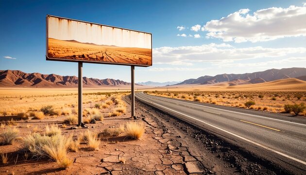 Abandoned summer highway with a melting billboard sign under extreme heat, wavy distortion in the distance