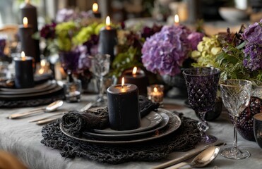 Burning black candles illuminating halloween table setting with purple flowers