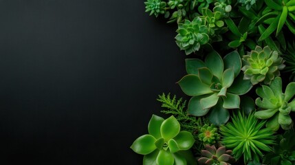 A variety of succulents in different shapes and sizes flourish against a stark black background, celebrating nature's diversity and vibrant greenery in a serene arrangement.