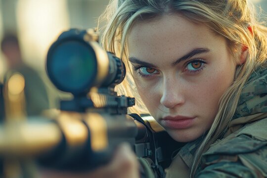 Young female soldier aiming through a rifle scope with focus and determination
