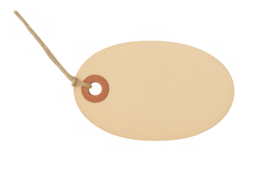 Oval beige merchandise tag hanging from a string on a transparent background, ready for customization - Powered by Adobe