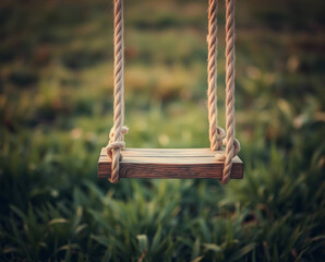 a wooden swing suspended by two thick, twisted ropes. The swing is centered in the frame, hanging just above a lush, green grass surface
