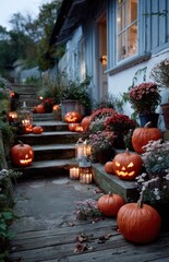 Halloween pumpkins and candles decorating a house entrance