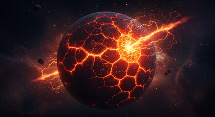 Molten core planet has fiery orange energy network erupting in deep space