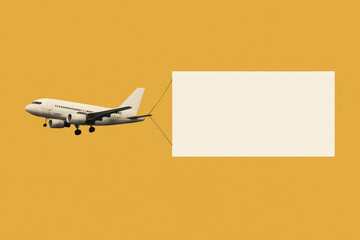 Commercial Airplane Towing Blank White Banner on Mustard Yellow Background – Advertising Concept