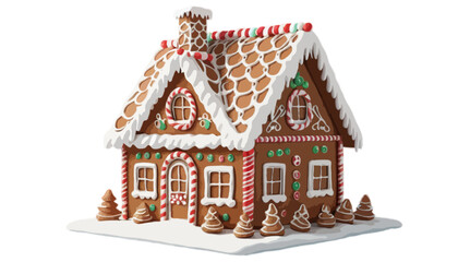  3D illustration of a gingerbread house with white icing and decorative details sparkling under the moonlight