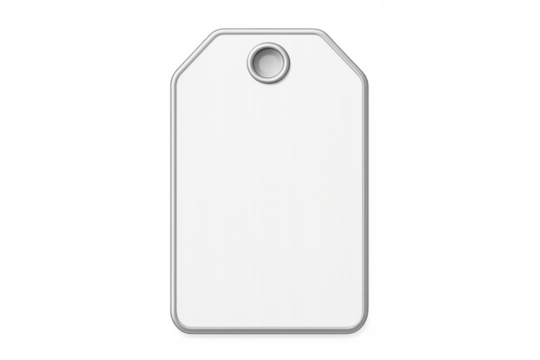 Blank retail sale tag featuring silver border, string hole, white surface, cut out design