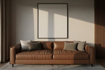 Modern living room with brown leather sofa and blank canvas