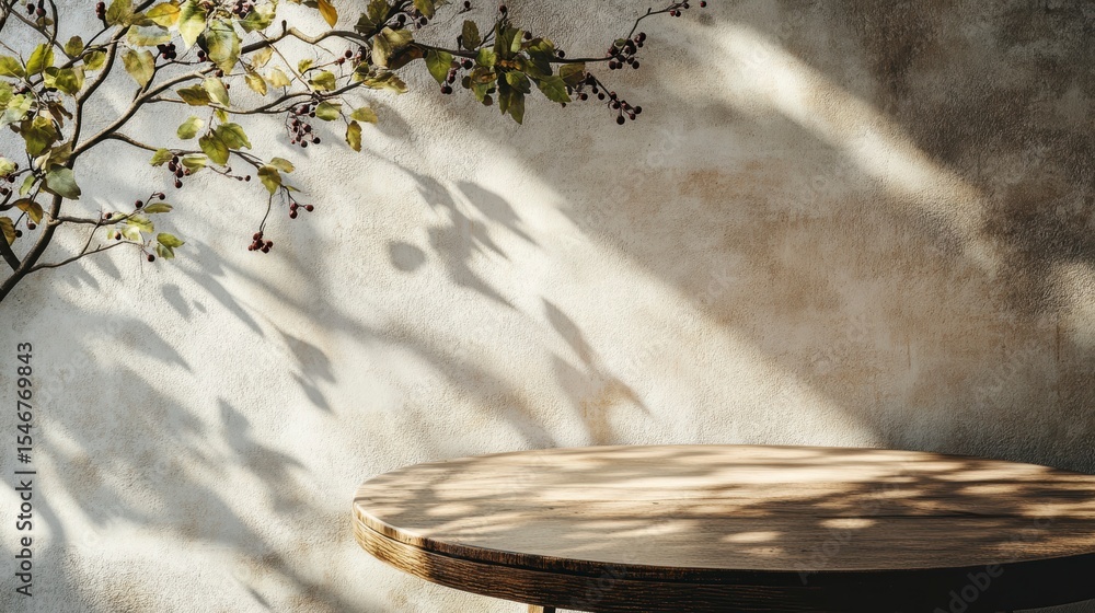 Poster Sunlight illuminates a round wooden table against a textured wall with a leafy branch casting shadows.