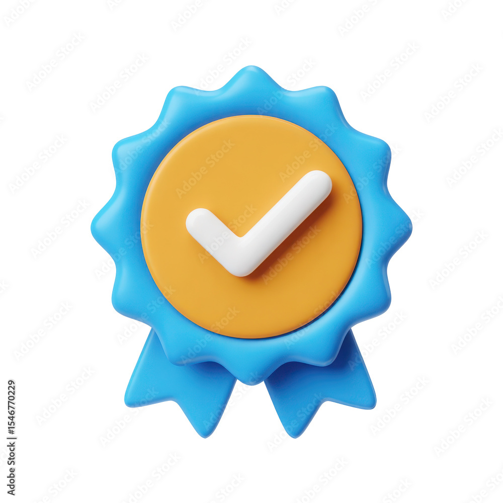 Poster 3d render of a blue badge with check mark isolated on transparent background