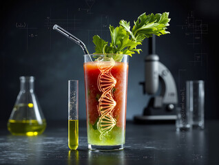 Layered cocktail with DNA helix and celery garnish on table with microscope and laboratory glassware - molecular gastronomy science cocktail