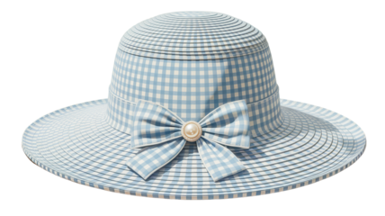 A detailed illustration of a sun hat with a light blue and white gingham pattern 
isolated on a transparent background.