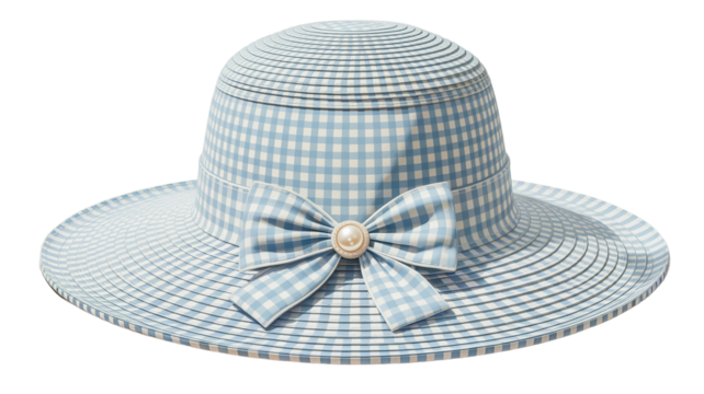 A detailed illustration of a sun hat with a light blue and white gingham pattern
isolated on a transparent background.