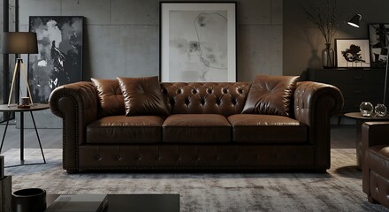 Elegant Brown Leather Chesterfield Sofa Luxurious Living Room Furniture