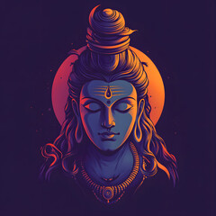 Digital art illustration of lord shiva with closed eyes and illuminated circle backdrop in vibrant colors depicting spiritual enlightenment and hindu deity