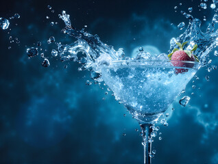 Martini glass with clear liquid and single strawberry creating dynamic splash against blue gradient background - refreshing drink motion