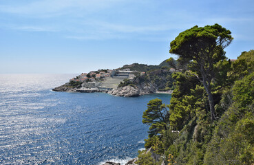 A stunning view of the Adriatic coastline in Dubrovnik, Croatia, showcasing the crystal-clear...
