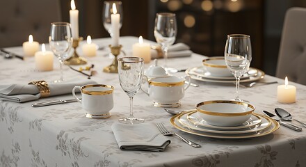 Fototapeta premium Elegant wedding reception table setting with plates glasses and silverware ready for celebration dinner
