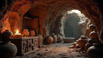 Ancient clay pottery jars stored in stone cave tunnel illuminated by candlelight creating mysterious archaeological atmosphere