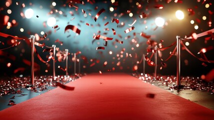 A vibrant red carpet event setting surrounded by shining lights and cascading confetti, exuding glamour and celebration for an awards show or premiere, inviting attention.