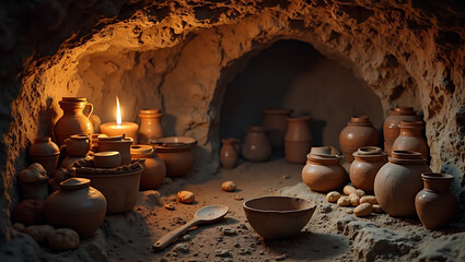 Ancient clay pottery jars stored in stone cave tunnel illuminated by candlelight creating mysterious archaeological atmosphere