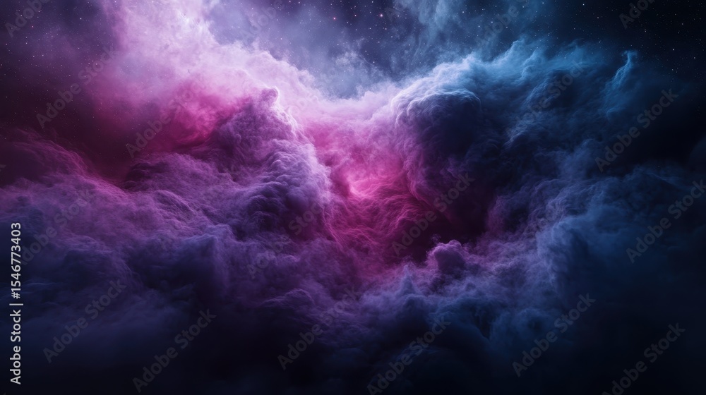 Poster a mesmerizing depiction of cosmic clouds, blending deep blues and striking purples, creating an ethe