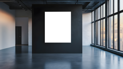 Modern gallery space with blank poster on dark wall and large windows displaying city skyline