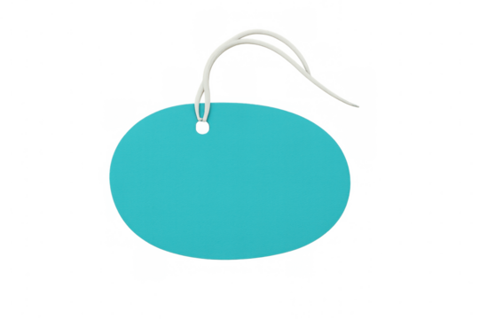 Minimal turquoise oval tag hanging by white string, ready for personalized design or branding against clean transparent backdrop