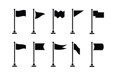 Collection of flag and pennant icons with poles for start, end, banner, location, pin destination map pictograms. part 4