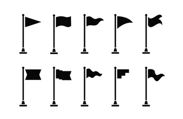 Collection of flag and pennant icons with poles for start, end, banner, location, pin destination map pictograms. part 3