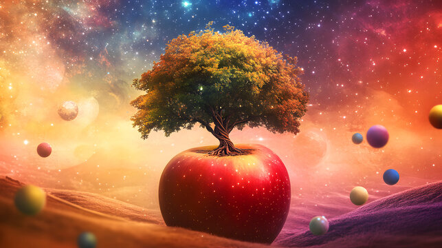 Surreal apple tree with a cosmic landscape and floating spheres for fantasy and dreamlike concepts