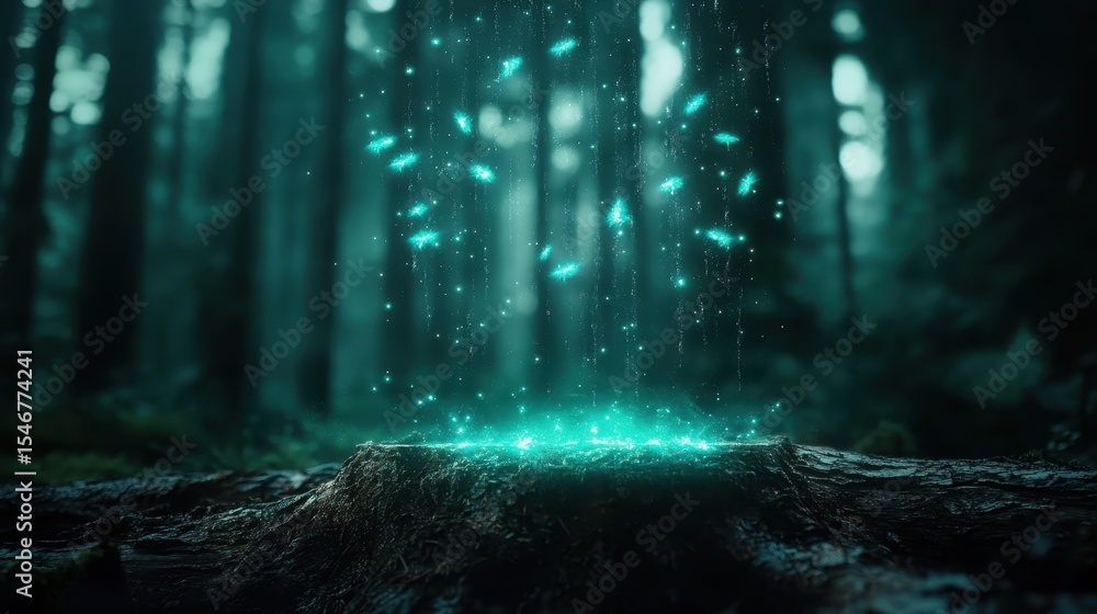 Poster a mystical forest scene with ethereal glowing particles rising from a tree stump creates a captivati