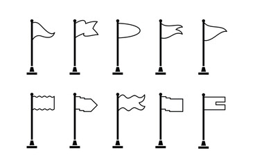 set 10 Collection of flag and pennant icons with poles for start, end, banner, location, pin destination map pictograms in monoline style . part 3