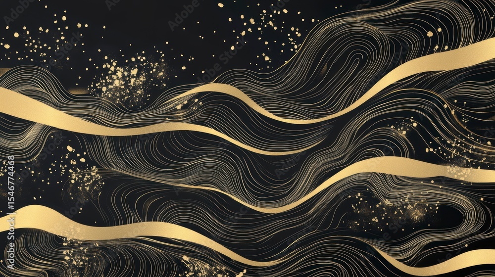 Poster abstract gold wave lines and particles on black background.