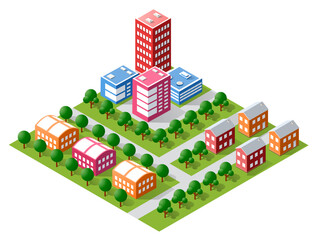 Colorful isometric city center with skyscrapers and traffic