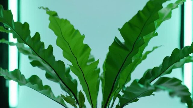 Bird's Nest Fern Illuminated By Soft Blue Light In Minimalist Setting