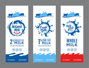 Milk labels in modern style. Milk packaging design templates, dairy product branding and identity